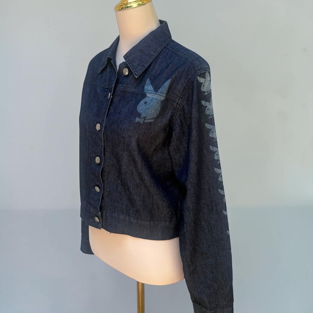VTG Y2K Playboy Denim Jacket 7 Blue Cropped Graphic Logo Bunny Dark Wash Trucker